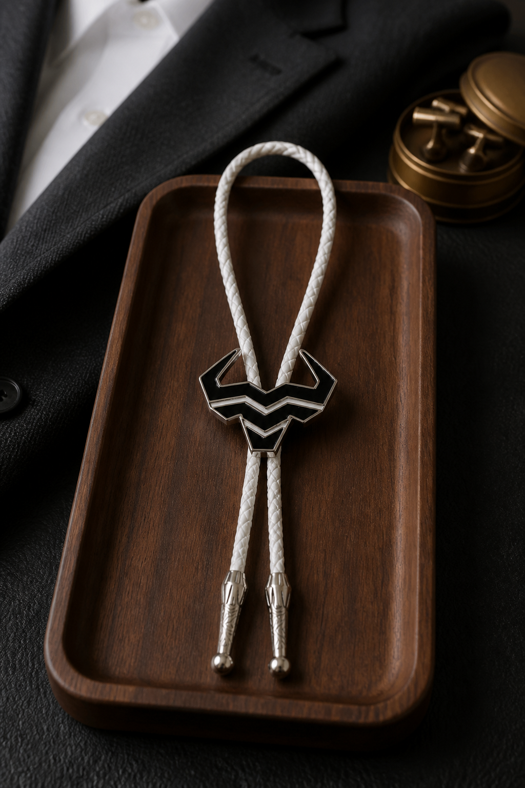 Black Steer Bolo Tie by Mike's Custom Bolos featuring Steer Hat Co. black enamel steer-head centerpiece with white braided leather cord and silver tips.