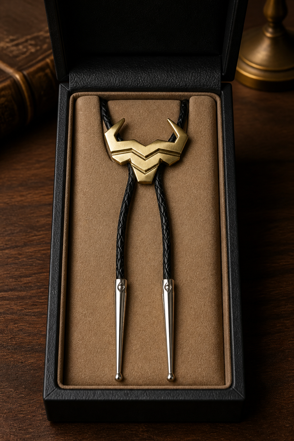 Copper Steer Bolo Tie with black braided leather cord and polished silver tips by Mike's Custom Bolos and Steer Hat Co.