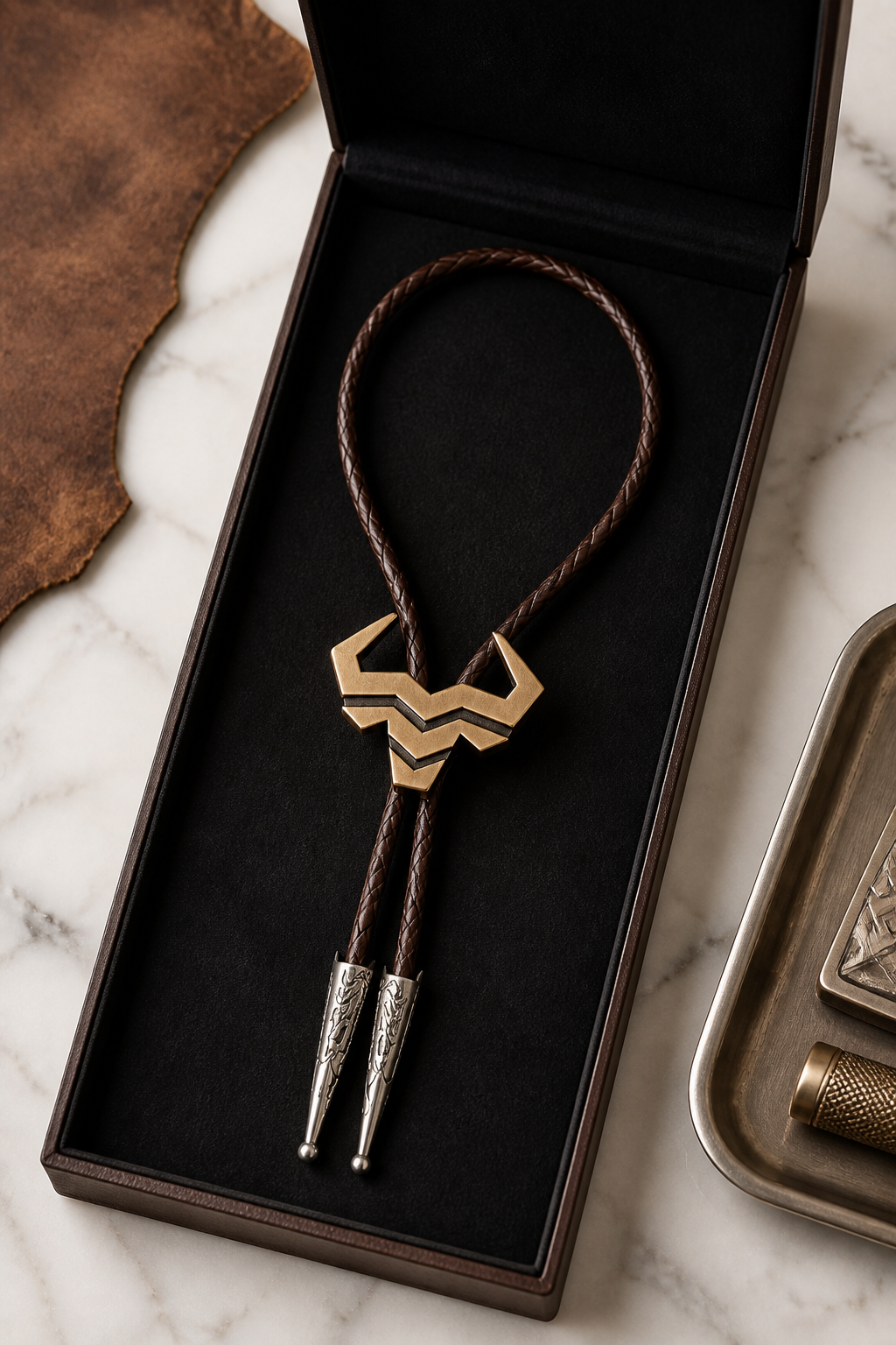 Copper Steer Bolo Tie by Mike's Custom Bolos featuring Steer Hat Co. steer-head centerpiece with brown braided leather cord and engraved silver tips.