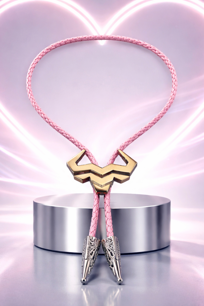 Copper Steer Bolo Tie with pink braided leather cord and engraved silver tips, Western fashion accessory for men and women.