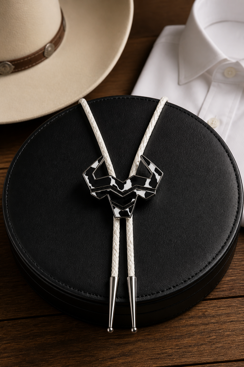 Cow Country Bolo Tie by Mike's Custom Bolos featuring Steer Hat Co. Cow Country Pin centerpiece laying on a black leather pillow on a wooden desk.