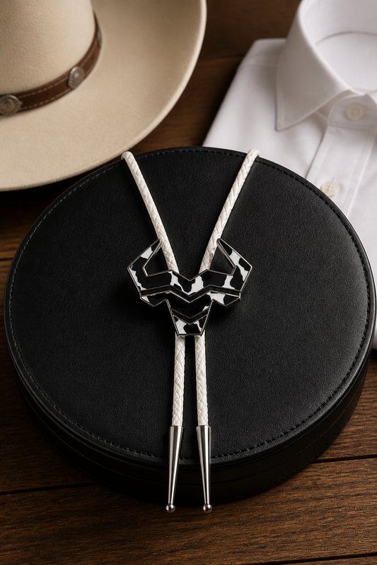 Cow Country Bolo Tie by Mike's Custom Bolos featuring Steer Hat Co. Cow Country Pin centerpiece laying on a black leather pillow on a wooden desk.