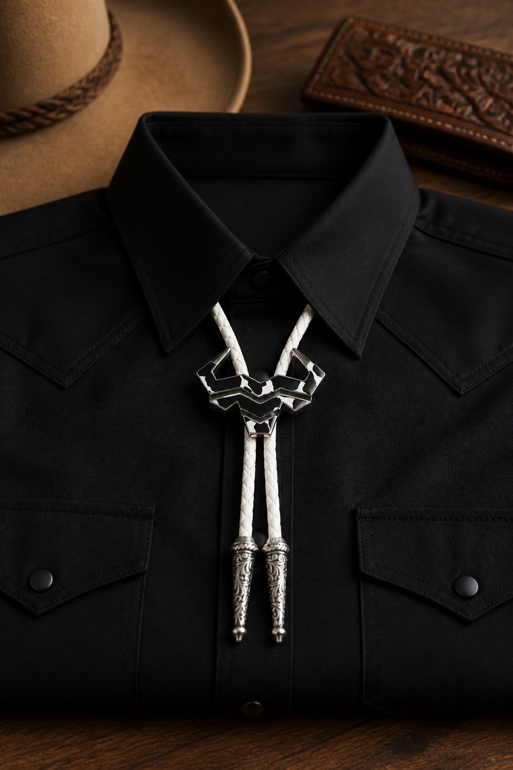 Cow Country Bolo Tie by Mike's Custom Bolos featuring Steer Hat Co. Cow Country Pin centerpiece laying on a folded black button up shirt.