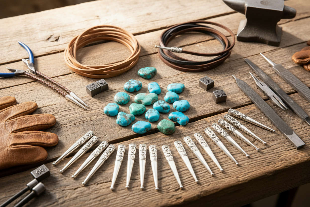 Bright bolo tie crafting materials on workbench