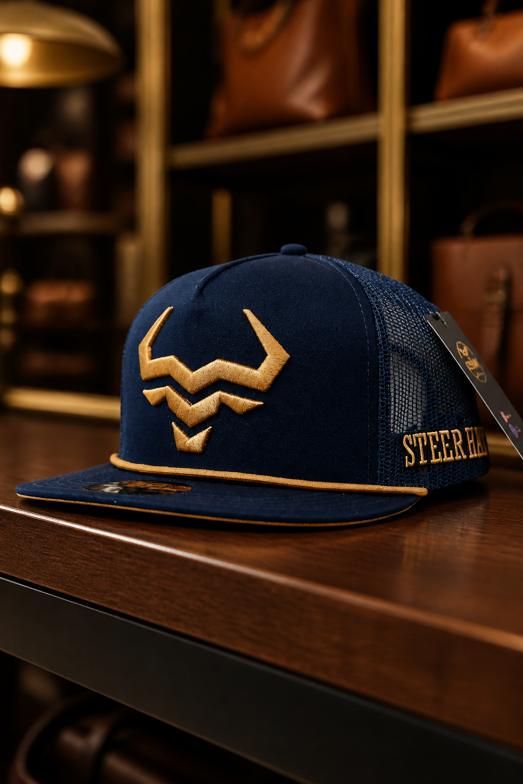 Navy Gold Steer Hat by Steer Hat Co. featuring a navy crown, gold Steer logo, structured Richardson 112 fit, gold mesh back, and adjustable snapback closure