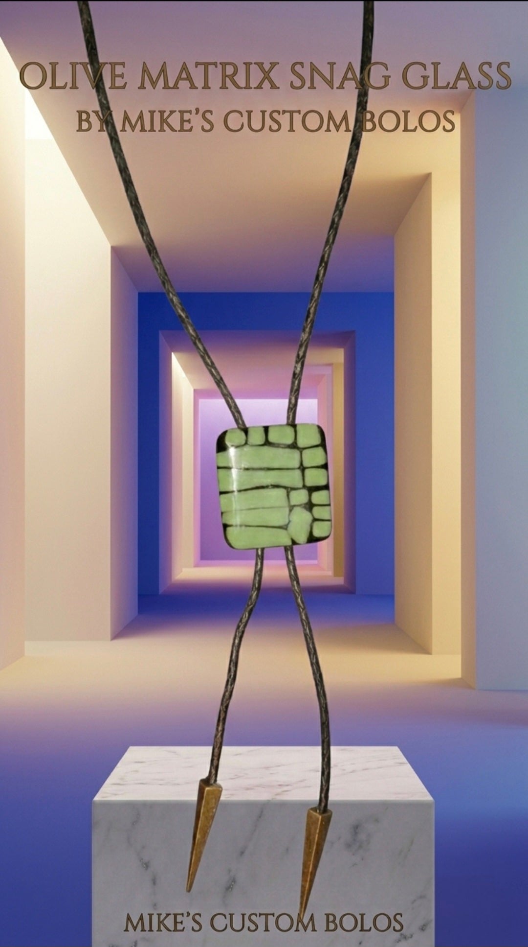 Olive Matrix Snag Glass Bolo Tie product display by Mike’s Custom Bolos