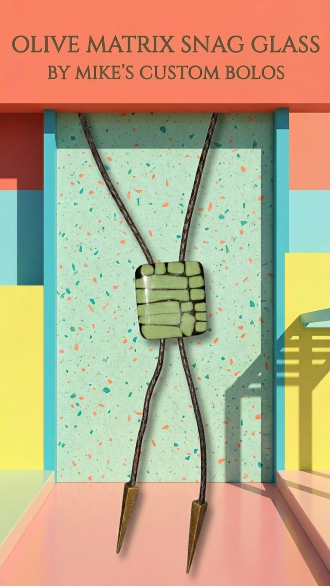 Handcrafted olive green glass bolo tie with leather cord and metal tips