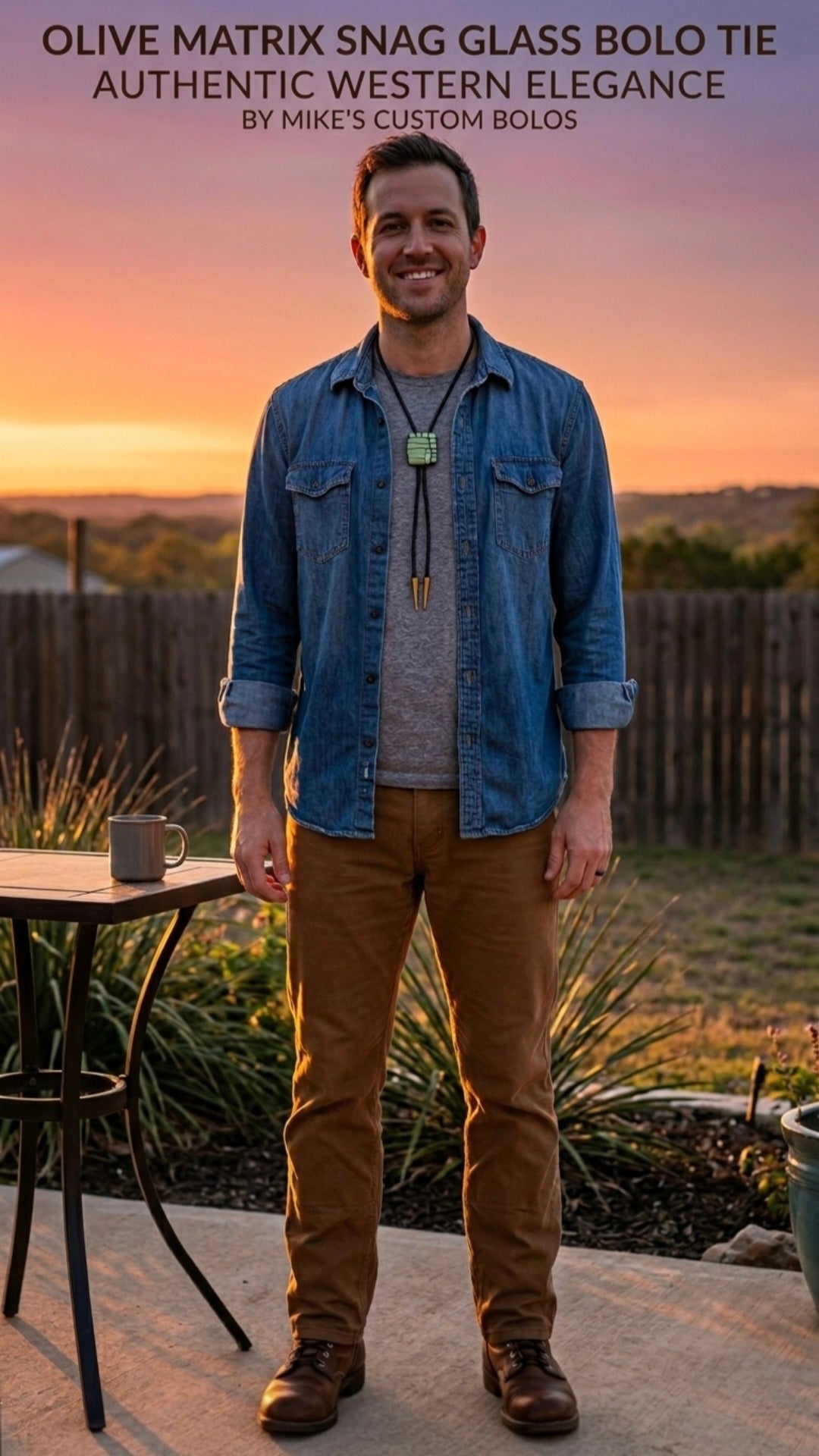 Man wearing Olive Matrix Snag Glass Bolo Tie with Western casual outfit