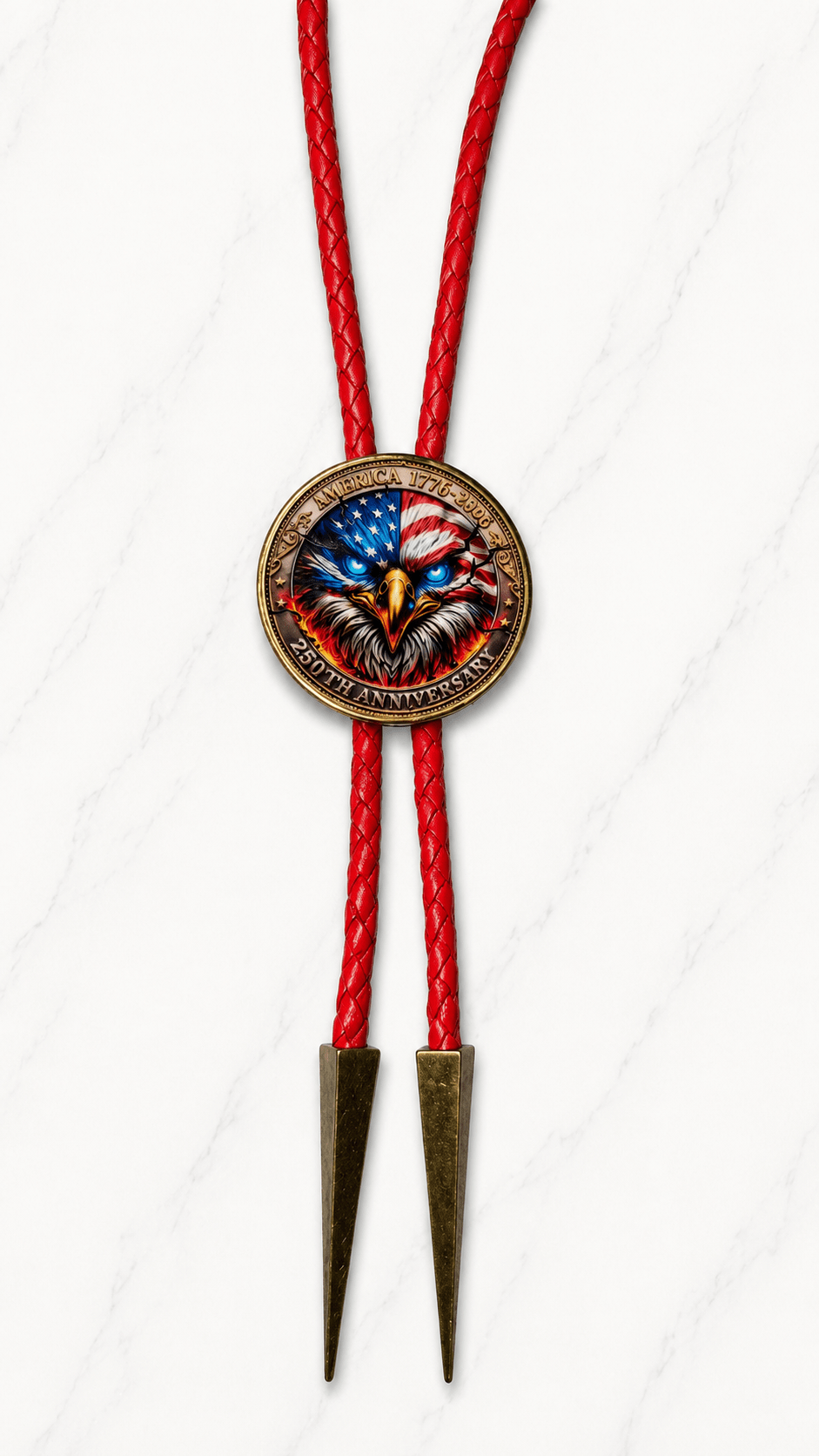 The American Eagle Bolo Tie Side A America 250 Collector's Edition featuring a bold patriotic eagle centerpiece with red braided leather and antique bronze bolo tips.