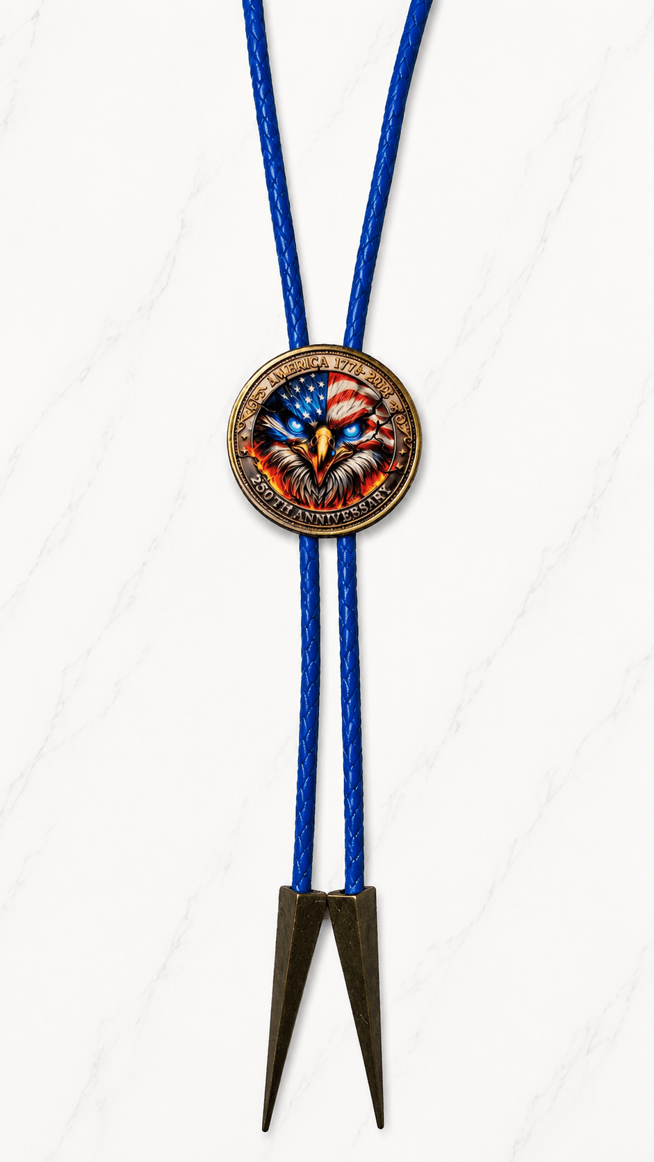 The American Eagle Bolo Tie Side A America 250 Collector's Edition featuring a bold patriotic eagle centerpiece with blue braided leather and antique bronze bolo tips.