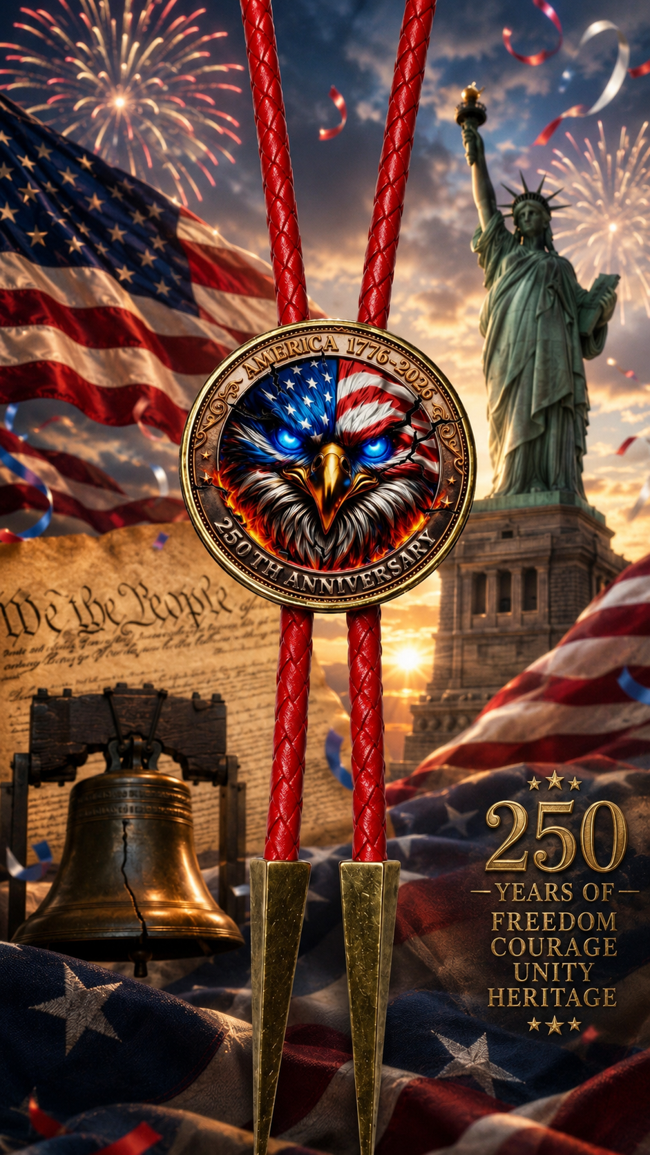The American Eagle Bolo Tie Side A America 250 Collector's Edition featuring a bold bald eagle emerging through the American flag with the Statue of Liberty, Liberty Bell, fireworks, and patriotic celebration background.
