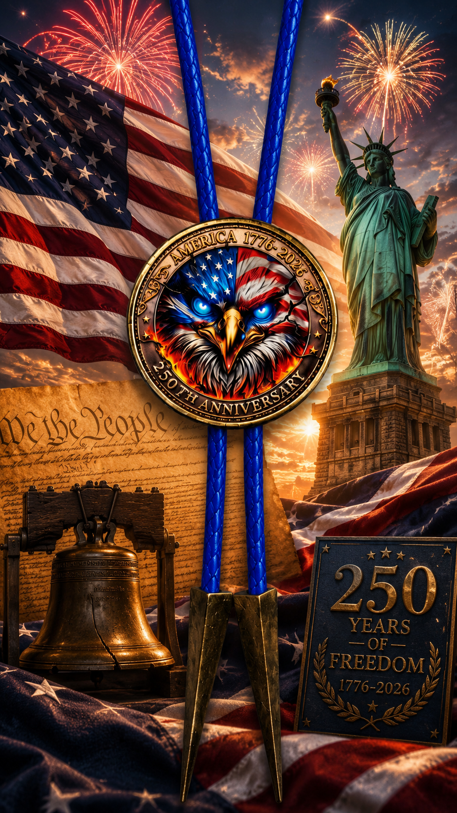 The American Eagle Bolo Tie Side A America 250 Collector's Edition displayed with blue braided leather, the Statue of Liberty, American flag, Liberty Bell, and patriotic fireworks.