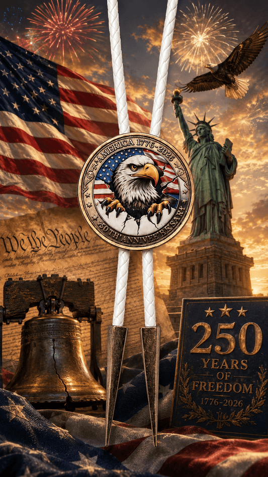 The American Eagle Bolo Tie Side B America 250 Collector's Edition featuring a majestic bald eagle before the American flag with the Statue of Liberty, Liberty Bell, fireworks, and patriotic America 250 celebration background.