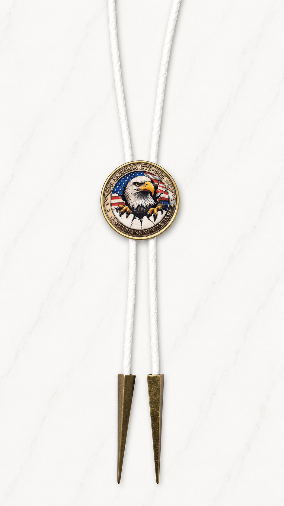The American Eagle Bolo Tie Side B America 250 Collector's Edition featuring a majestic bald eagle before the American flag with white braided leather and antique bronze bolo tips.