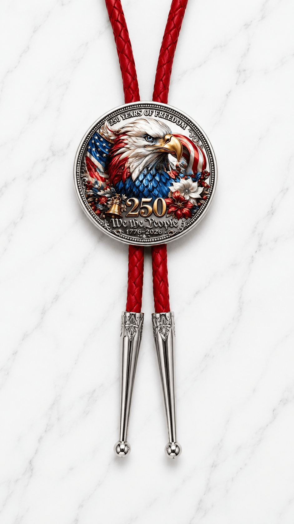 The American Soaring Eagle Bolo Tie (Side A) featuring a vibrant 250 Years of Freedom commemorative coin, red braided leather cord, and premium silver floral bolo tie tips.