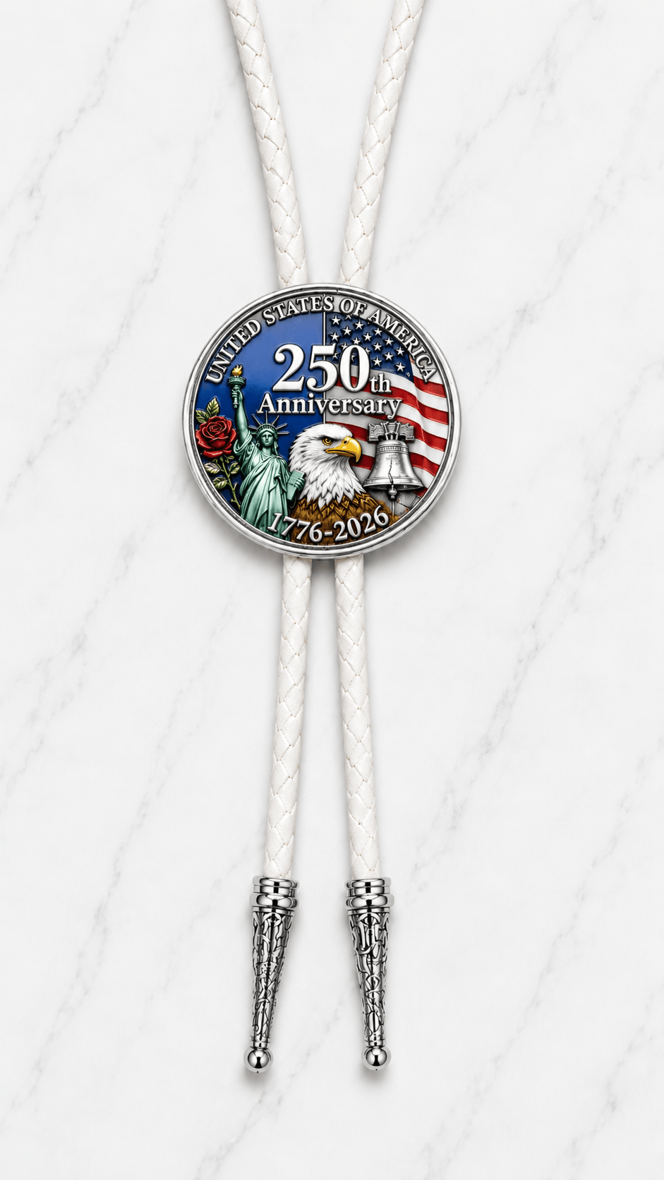 The American Soaring Eagle Bolo Tie (Side B) featuring a vibrant 250 Years of Freedom commemorative coin, white braided leather cord, and premium silver floral bolo tie tips.