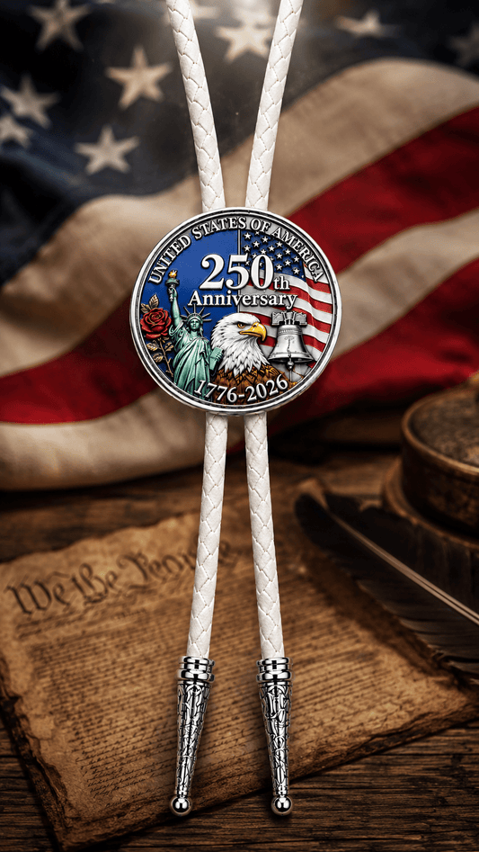 The American Soaring Eagle Bolo Tie (Side B) featuring Lady Liberty, the American bald eagle, the Liberty Bell, the American flag, and the official 250th Anniversary commemorative coin on a handcrafted bolo tie.