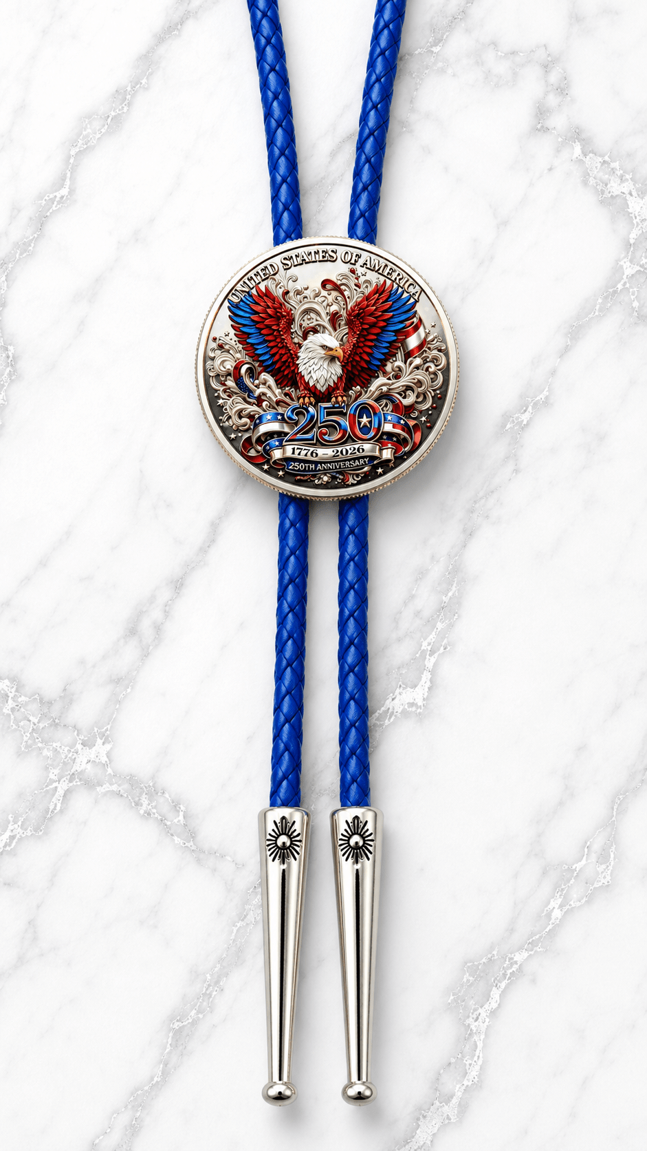 The American Soaring Eagle Bolo Tie (Side C) featuring a vibrant 250 Years of Freedom commemorative coin, blue braided leather cord, and premium polished silver bolo tie tips.