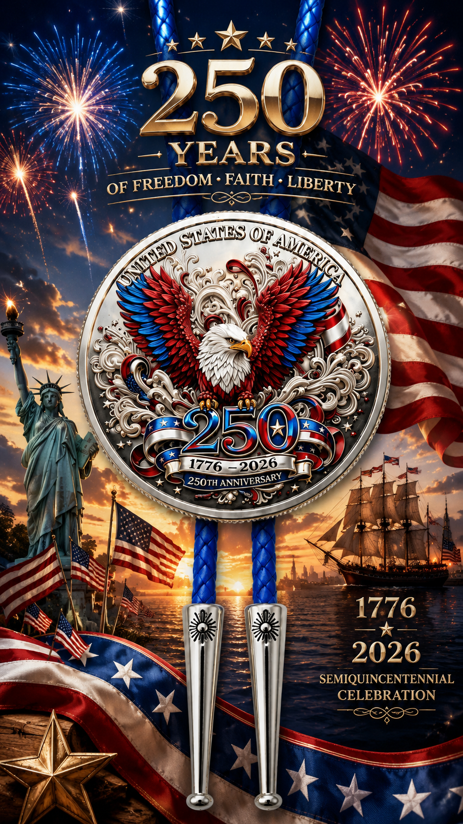 The American Soaring Eagle Bolo Tie (Side C) featuring a vibrant 250 Years of Freedom commemorative coin, blue braided leather cord, and premium polished silver bolo tie tips.