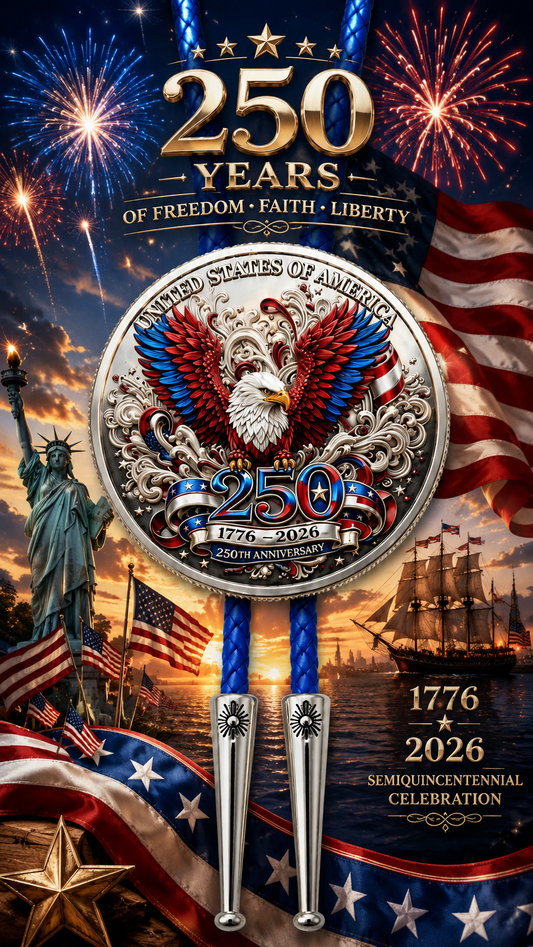 The American Soaring Eagle Bolo Tie (Side C) featuring a vibrant 250 Years of Freedom commemorative coin, blue braided leather cord, and premium polished silver bolo tie tips.