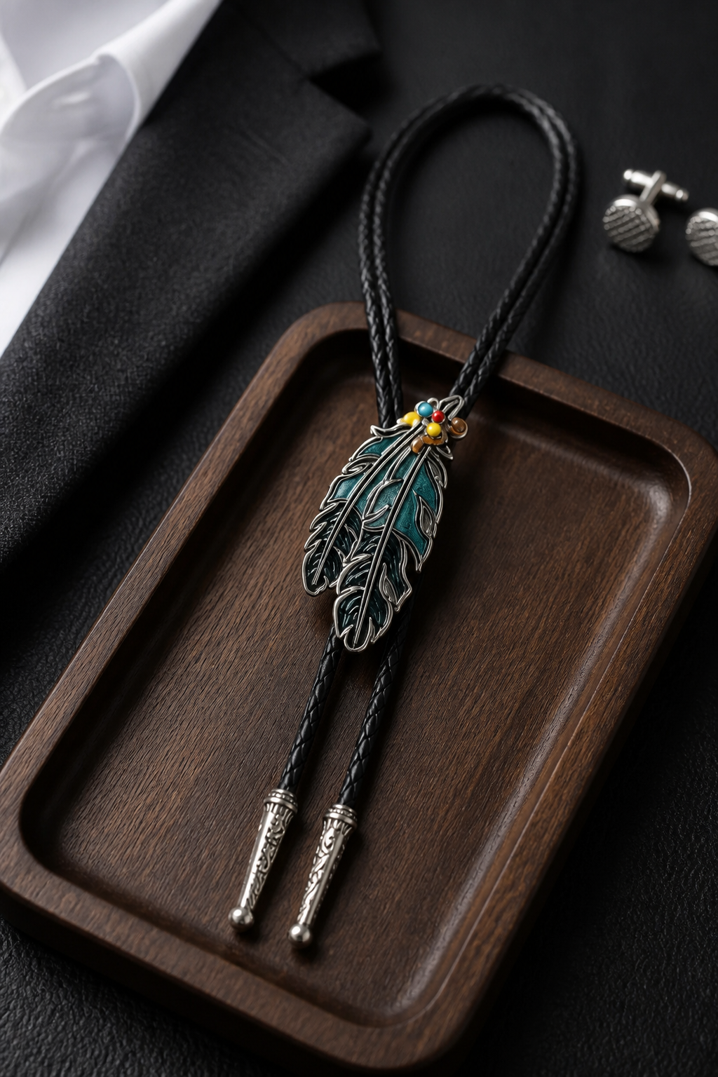 Black Feather Bolo Tie by Mike's Custom Bolos featuring a detailed feather centerpiece on a black braided cord with silver Western tips.