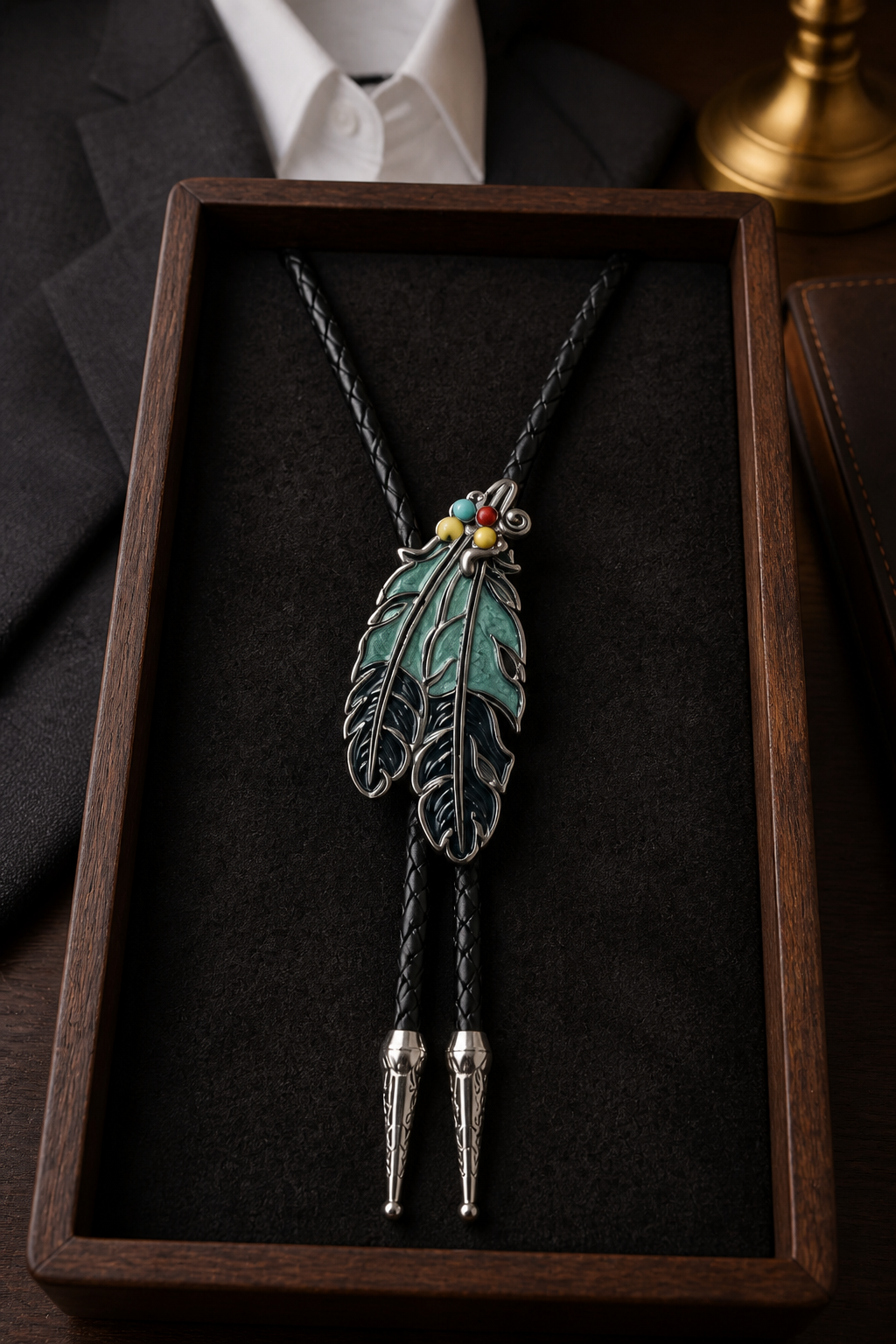 Handcrafted Black Feather Bolo Tie displayed in a wooden tray featuring a black and blue feather centerpiece and premium black braided cord with silver tips.