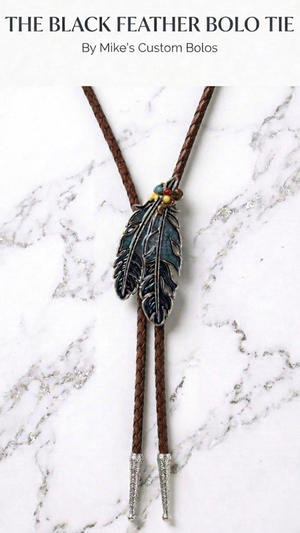Handcrafted feather bolo tie with brown braided cord, silver tips, and multicolored feather centerpiece by Mike's Custom Bolos.