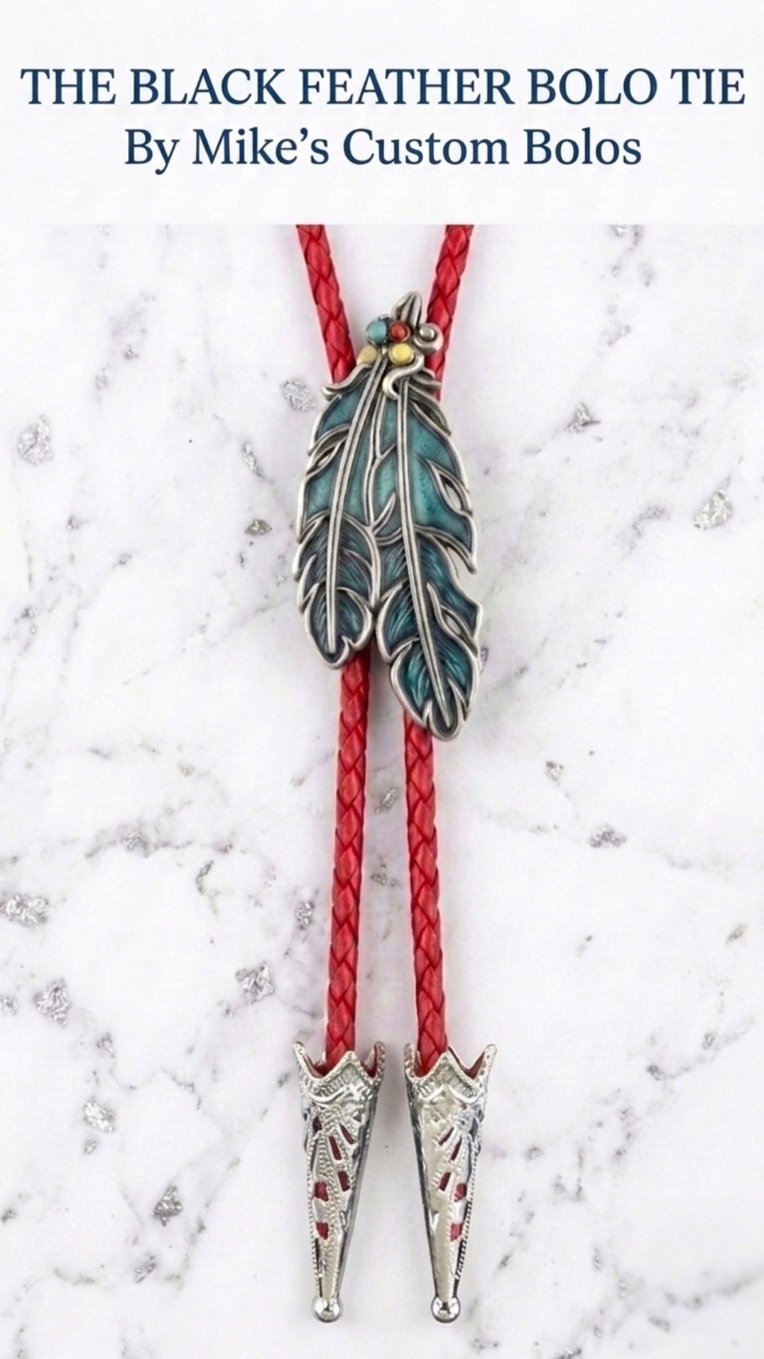 Western feather bolo tie with red braided cord and silver engraved tips from the Mike's Custom Bolos x Steer Hat Co Collection.