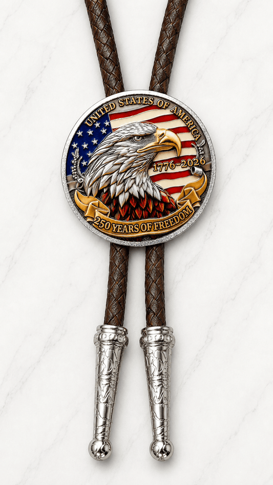 The Liberty Bell And American Eagle Bolo Tie Side A featuring a 250 Years of Freedom American eagle centerpiece, brown braided leather, and silver-tone decorative tips on white marble