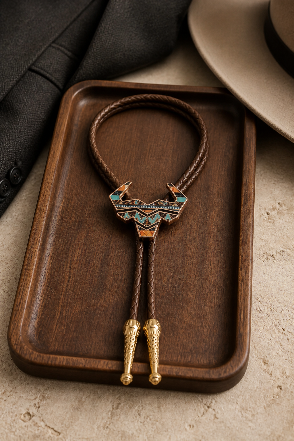 The Tribal Horns Bolo Tie by Mike's Custom Bolos featuring a Southwestern steer horn centerpiece with turquoise and copper accents on a brown braided cord.
