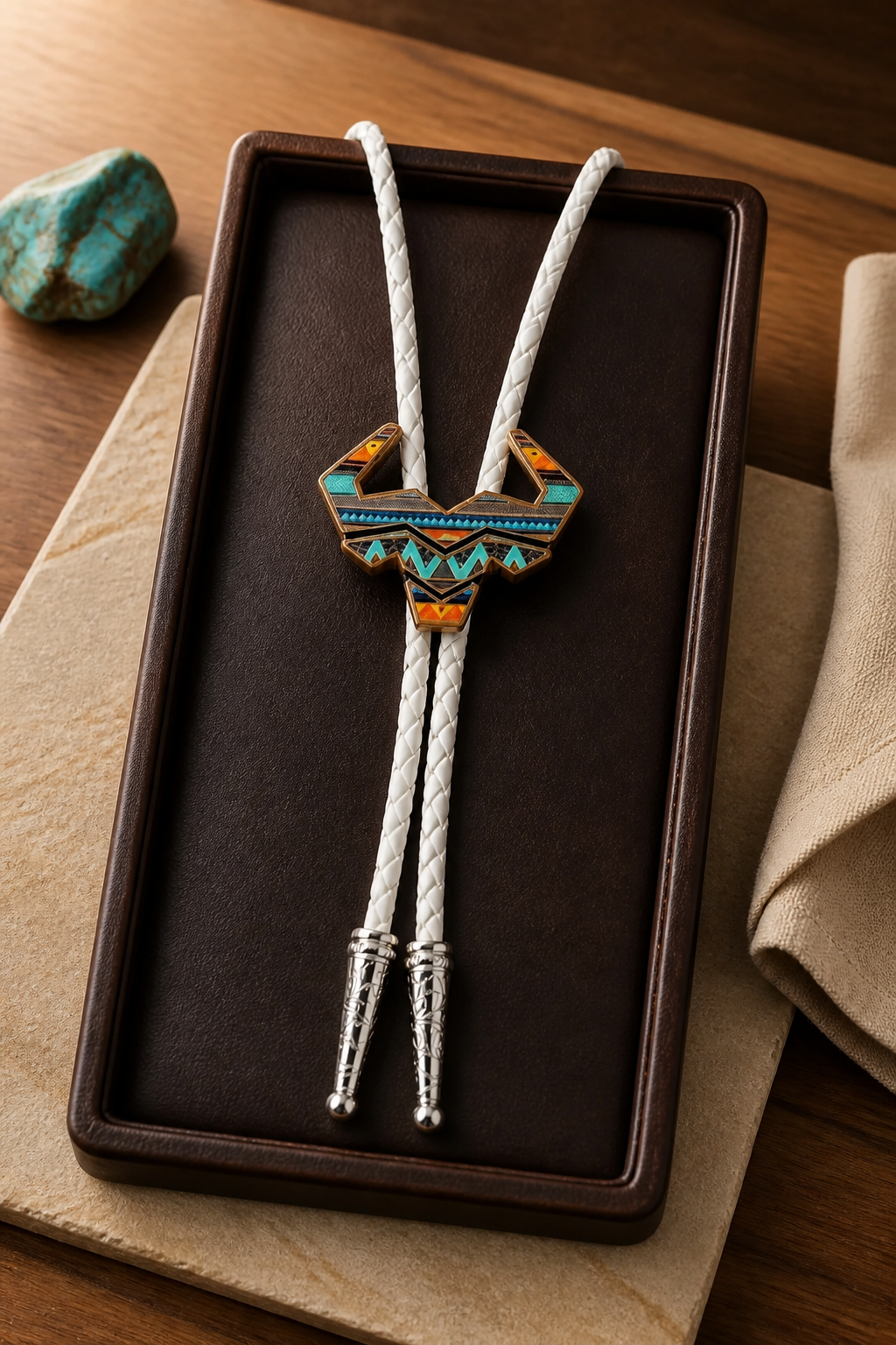 Tribal Horns Bolo Tie with white braided cord showcasing a geometric horn centerpiece and detailed Southwestern-inspired artwork.