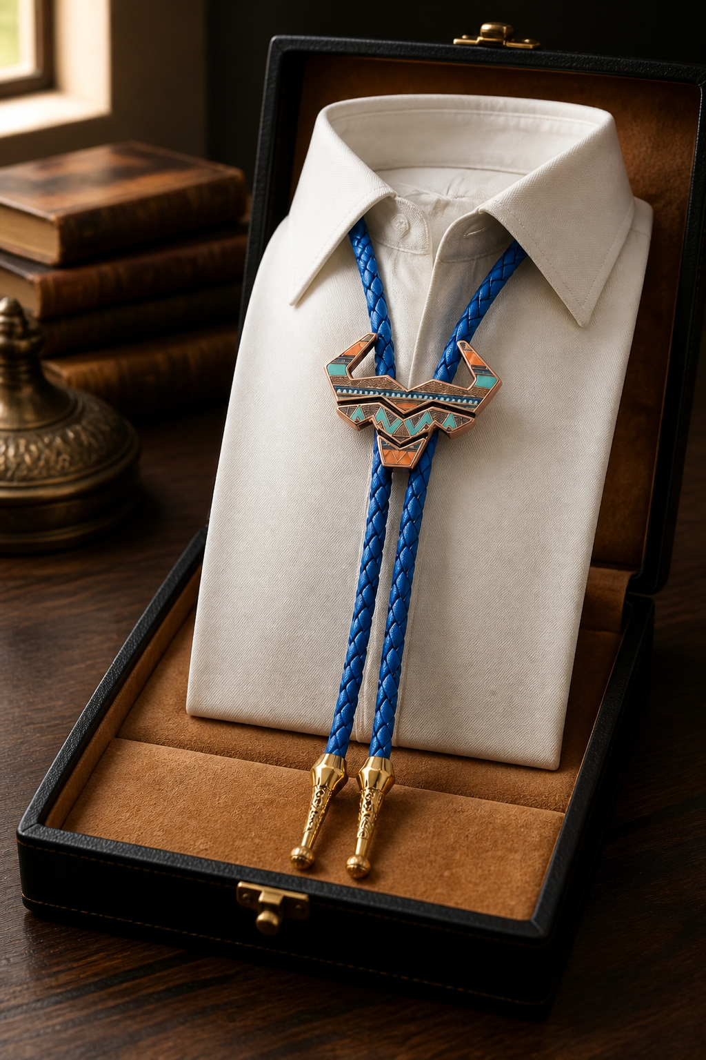 Tribal Horns Bolo Tie with decorative clasp and blue braided leather on a white shirt in a wooden box.