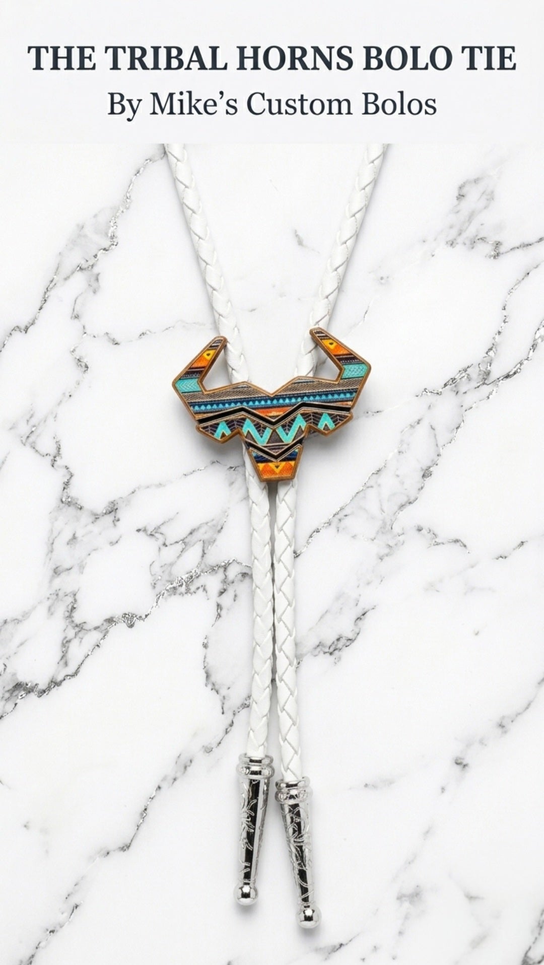 Tribal horns bolo tie on a marble background with text about Mike's Custom Bolos.