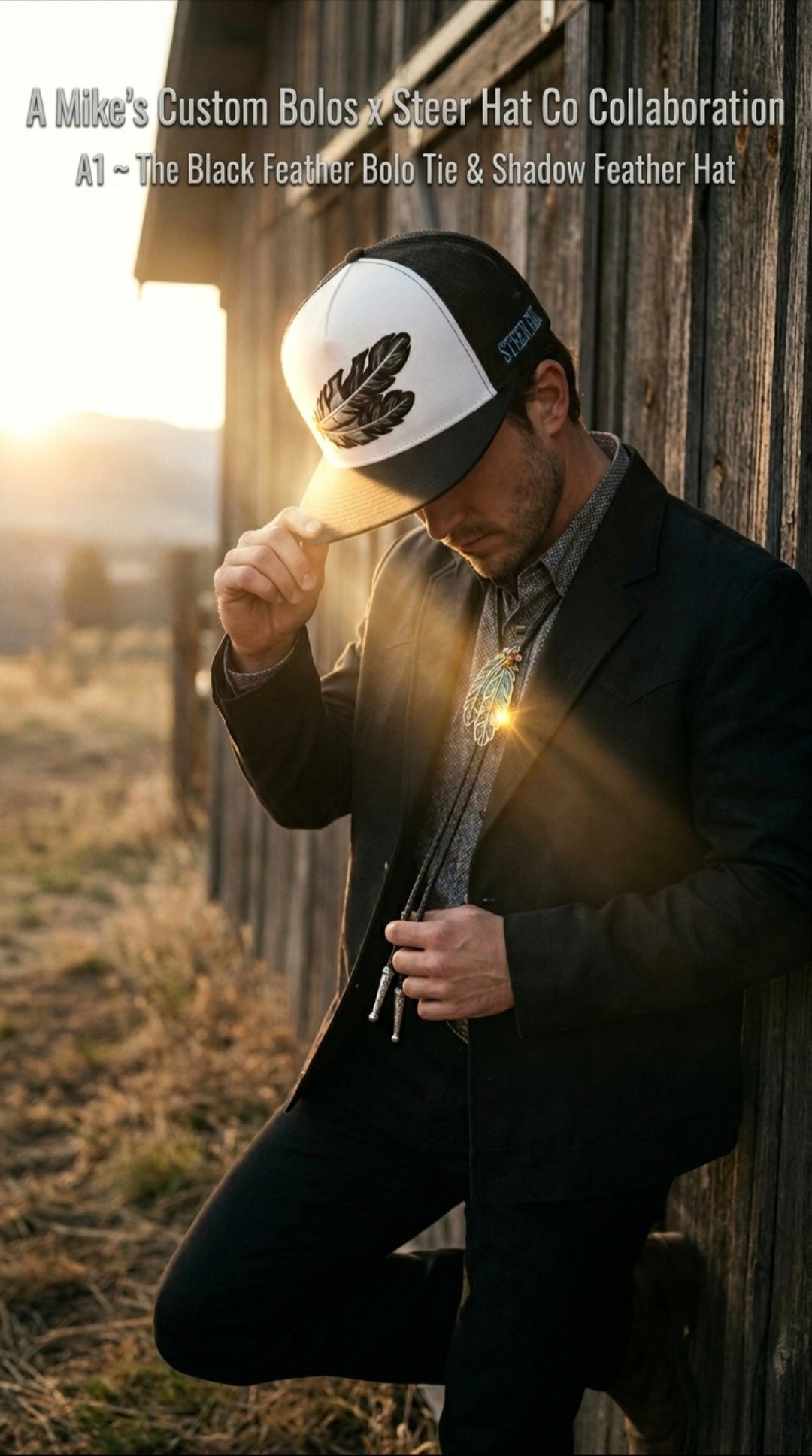 A1 Bundle ~ The Black Feather Bolo Tie & Shadow Feather Hat - MIKE'S CUSTOM BOLOS