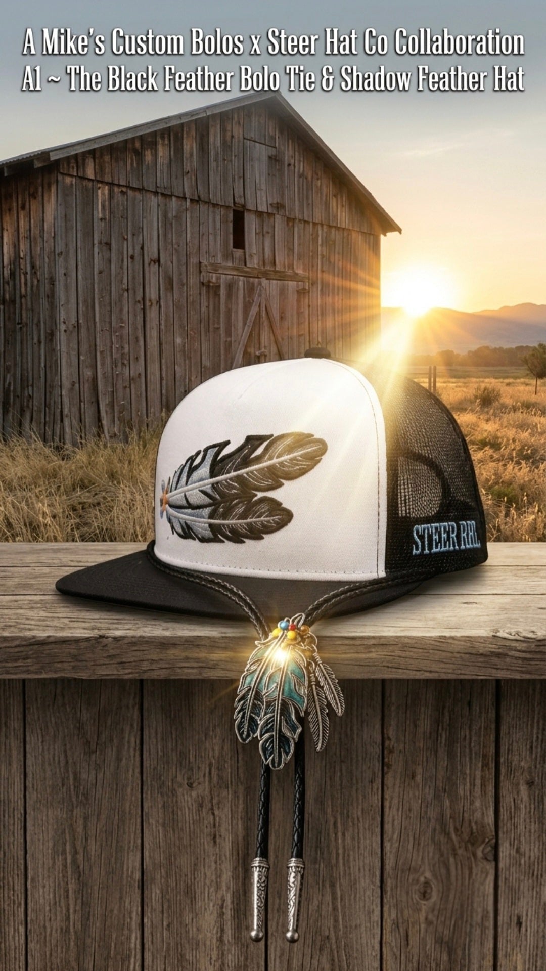 A1 Bundle ~ The Black Feather Bolo Tie & Shadow Feather Hat - MIKE'S CUSTOM BOLOS