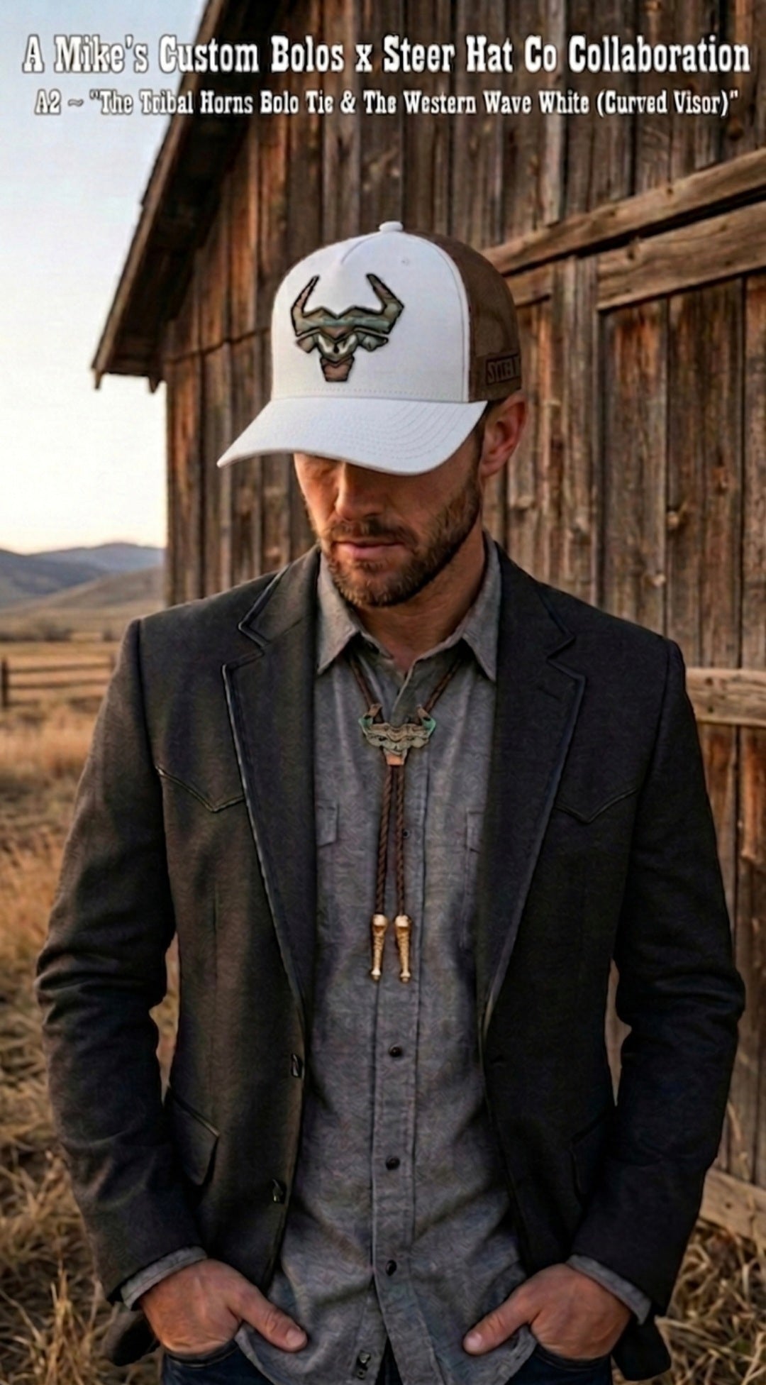 A2 Bundle ~ The Tribal Horns Bolo Tie & The Western Wave White (Curved Visor) - MIKE'S CUSTOM BOLOS