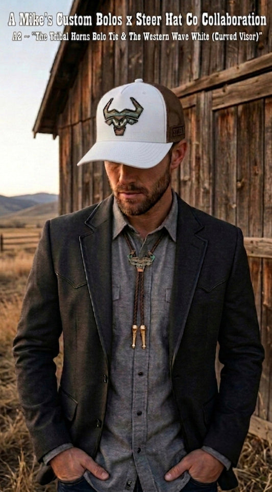 A2 Bundle ~ The Tribal Horns Bolo Tie & The Western Wave White (Curved Visor) - MIKE'S CUSTOM BOLOS
