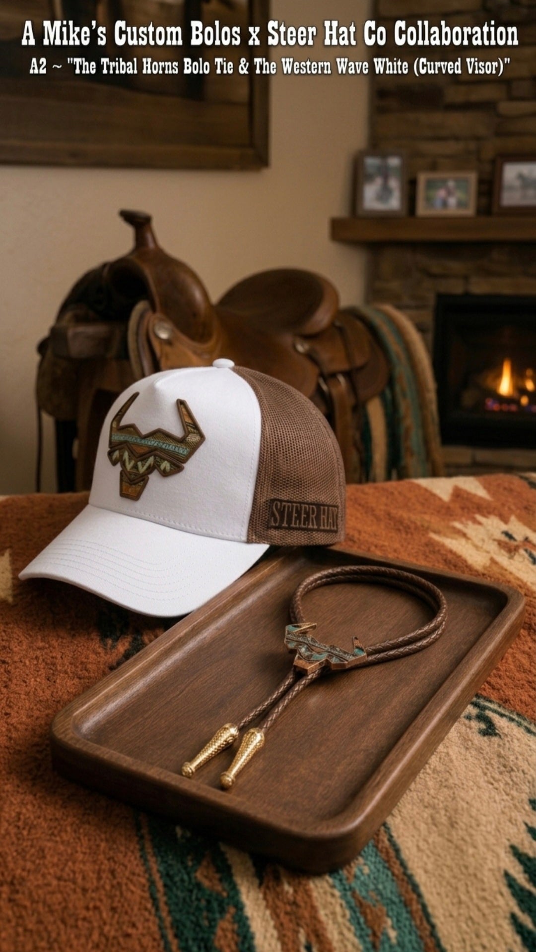A2 Bundle ~ The Tribal Horns Bolo Tie & The Western Wave White (Curved Visor) - MIKE'S CUSTOM BOLOS
