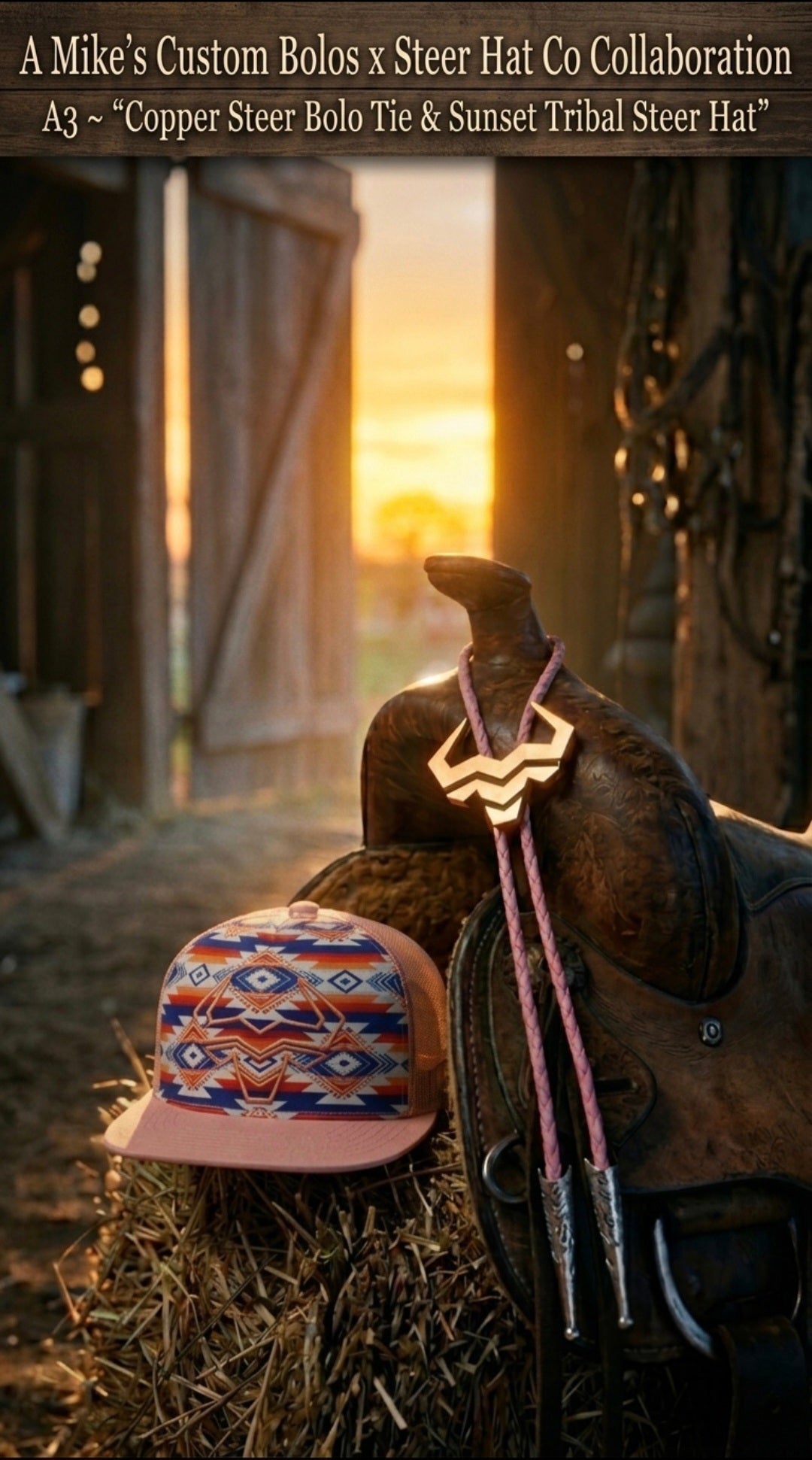 A3 Bundle ~ The Copper Steer Bolo Tie & Sunset Tribal Steer Hat - MIKE'S CUSTOM BOLOS