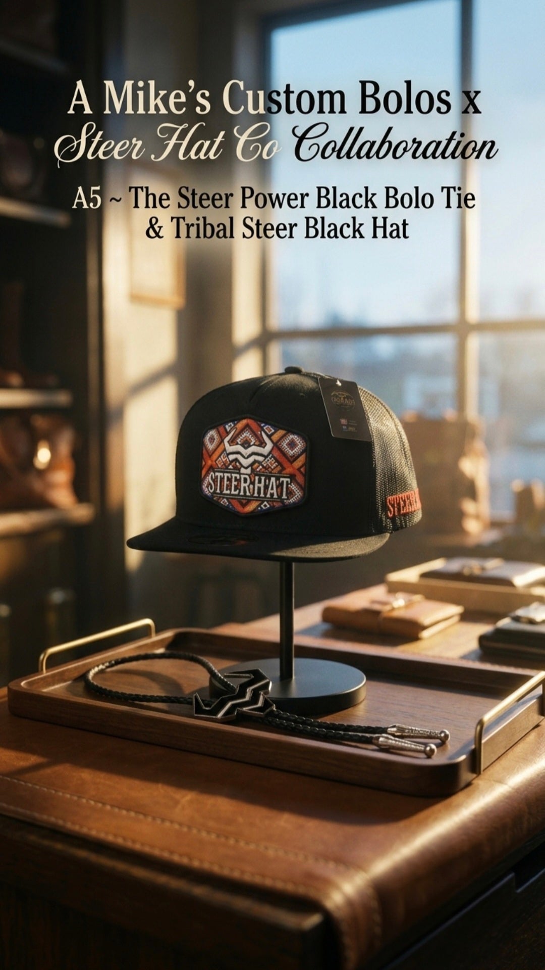 A5 Bundle ~ The Steer Power Black Bolo Tie & Tribal Steer Black Hat - MIKE'S CUSTOM BOLOS