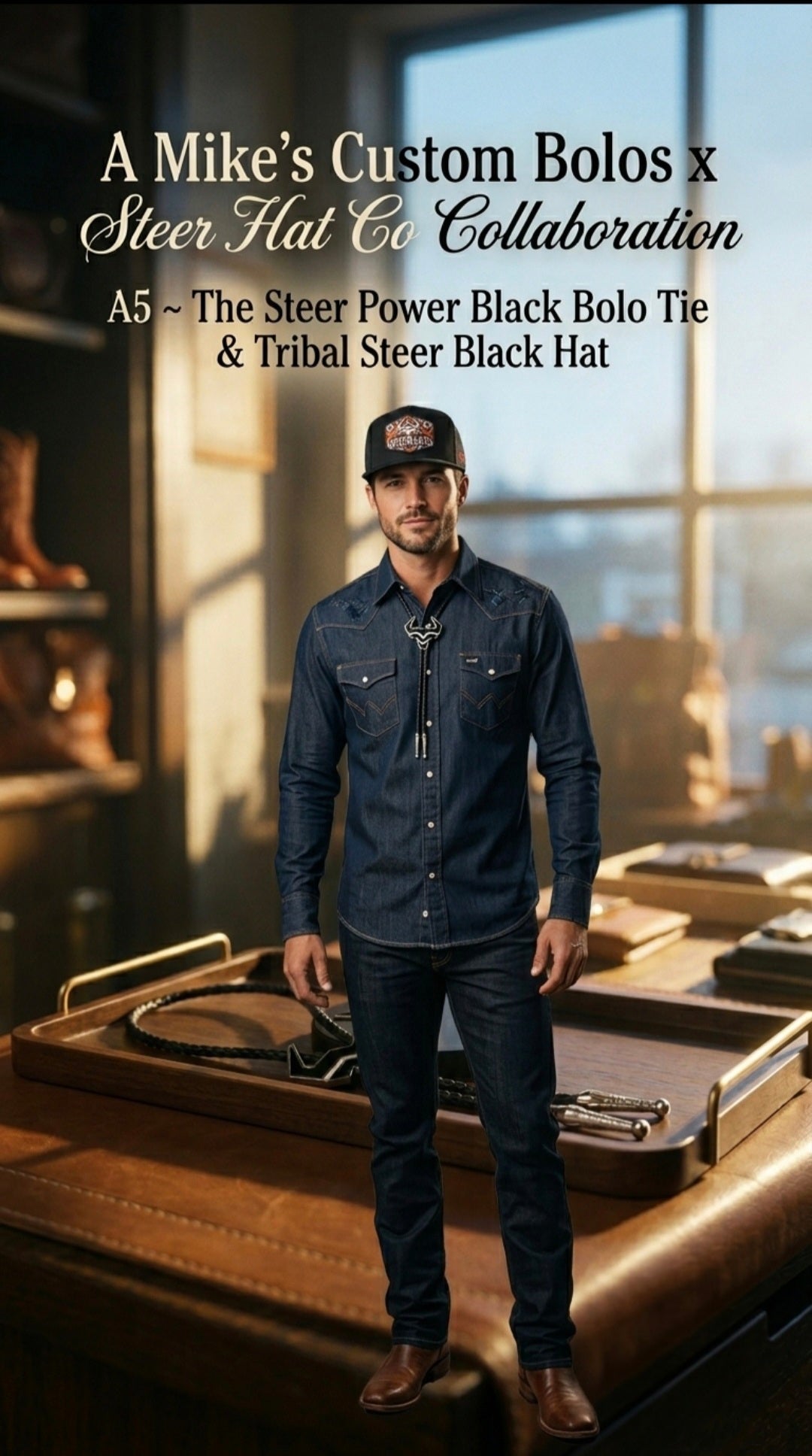 A5 Bundle ~ The Steer Power Black Bolo Tie & Tribal Steer Black Hat - MIKE'S CUSTOM BOLOS