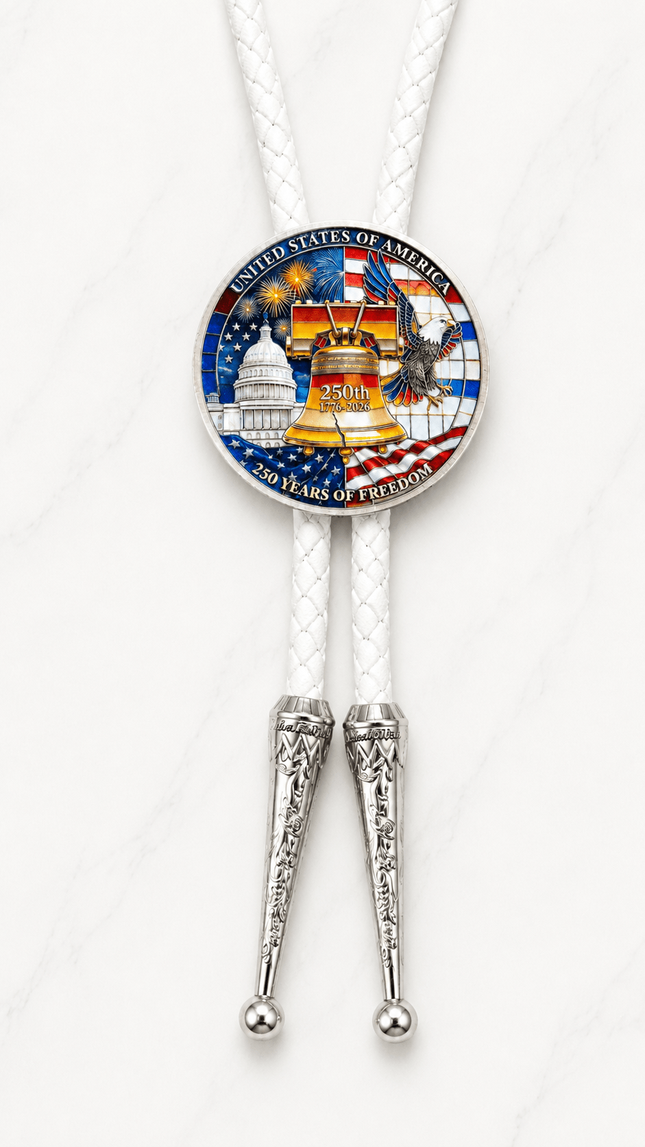 America 250 patriotic bolo tie reverse side with Liberty Bell, Capitol, eagle, fireworks, white braided leather, and silver ornate tips
