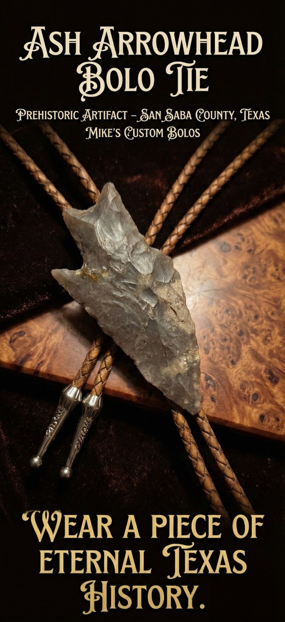 ASH ARROWHEAD BOLO TIE - WORN WITH PRIDE - MIKE'S CUSTOM BOLOS