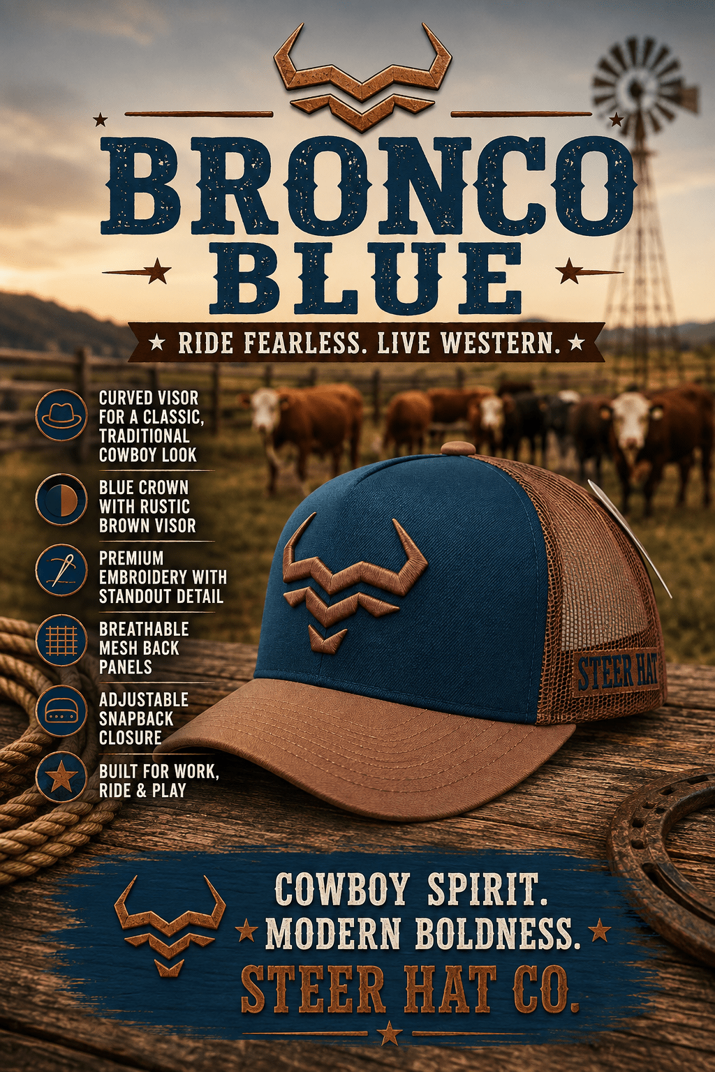 Bronco Blue (Curved Visor) By Steer Hat Co | Premium Western Hat - MIKE'S CUSTOM BOLOS