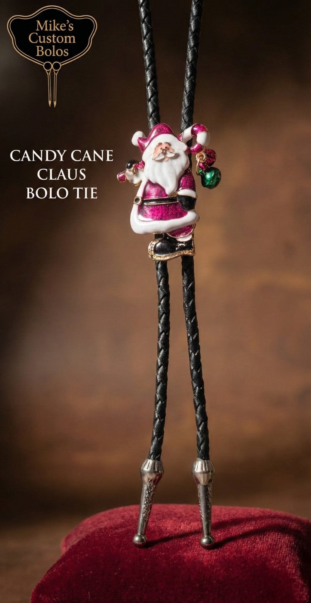 CANDY CANE SANTA CLAUS BOLO TIE - MIKE'S CUSTOM BOLOS