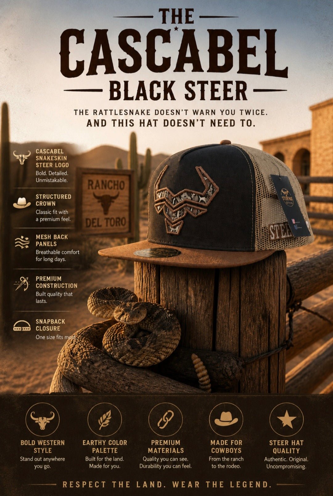 Cascabel Black Steer By Steer Hat Co| Premium Western Hat - MIKE'S CUSTOM BOLOS
