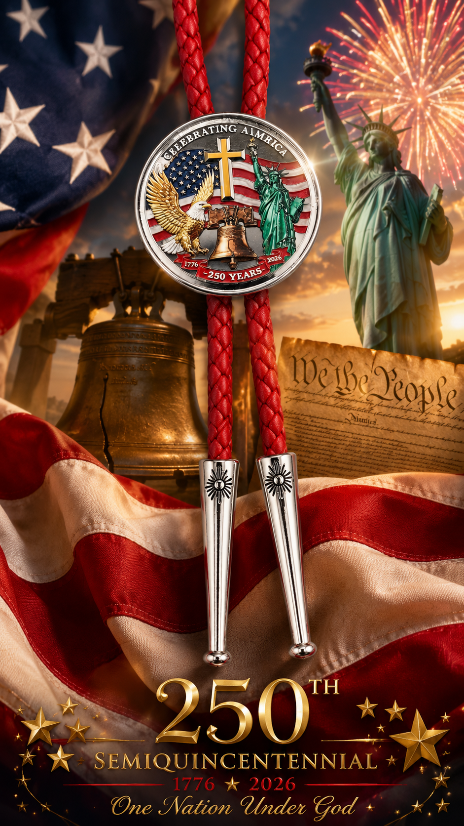 Celebrating America Bolo Tie Side A displayed with Statue of Liberty, eagle, cross, Liberty Bell centerpiece, red braided leather, silver-tone tips, American flag, fireworks, Constitution, and 1776 2026 Semiquincentennial artwork