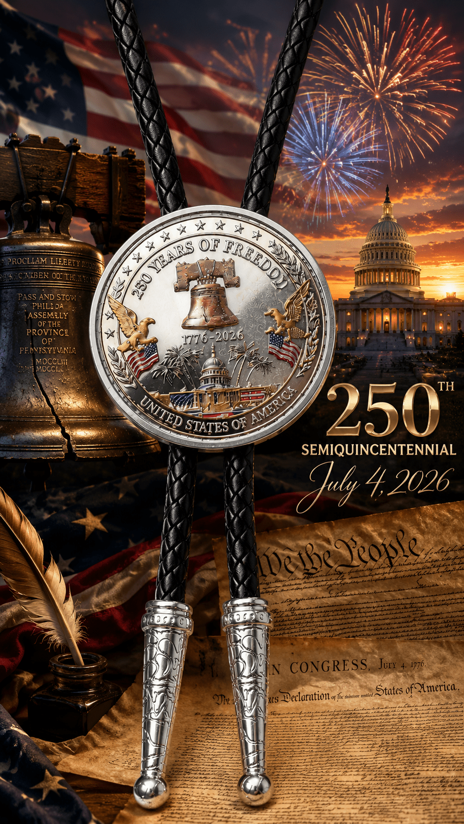 Celebrating America Bolo Tie Side B displayed with Liberty Bell centerpiece, black braided leather, silver ornate tips, American flag, fireworks, U.S. Capitol, Constitution, and 1776 2026 patriotic Semiquincentennial artwork