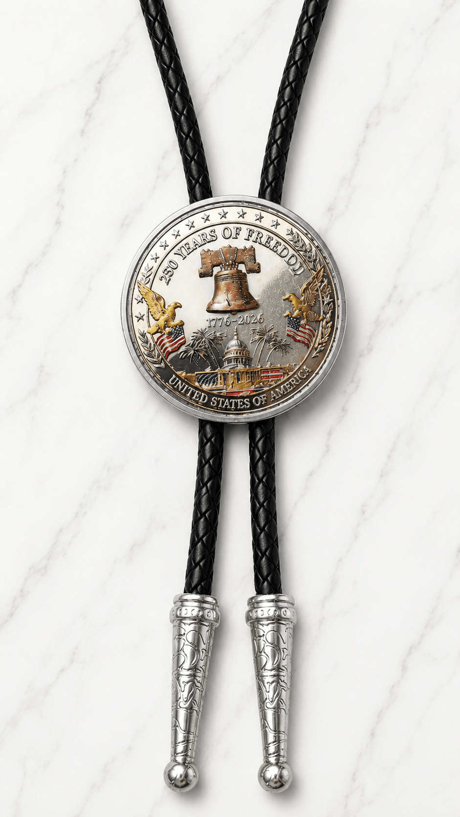 Celebrating America Bolo Tie Side B with Liberty Bell, U.S. Capitol, eagle, black braided leather, and polished silver ornate tips