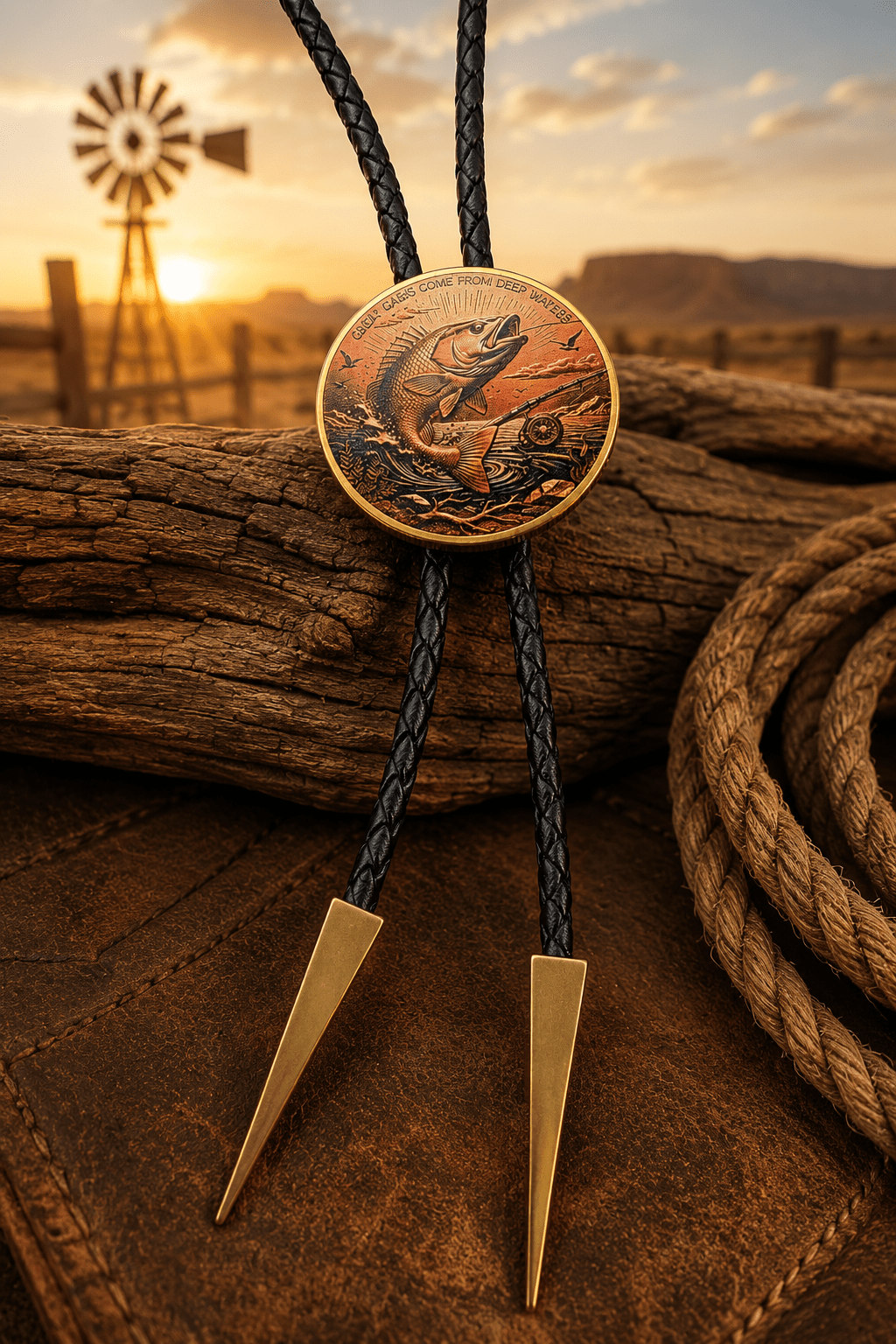 Deep Waters Fishing Bolo Tie | Gold Western Angler Bolo Tie - MIKE'S CUSTOM BOLOS